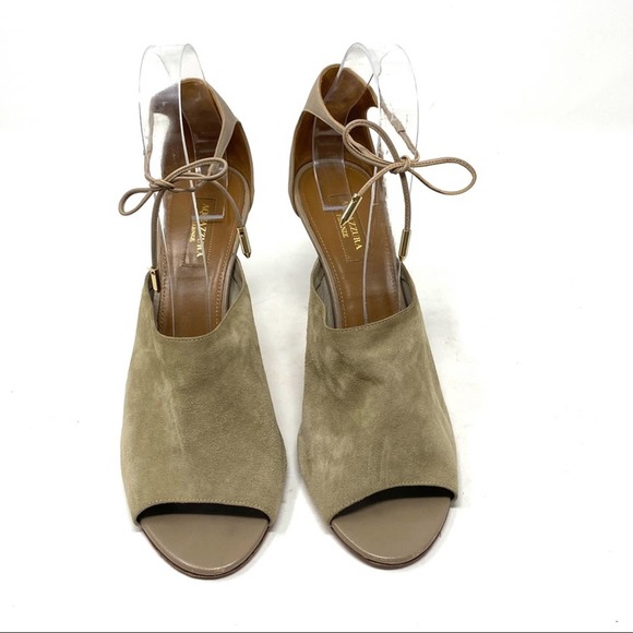 Aquazzura Estelle Leather Suede Cream Grey Taupe Ankle Tie Peep Toe Heels - Picture 3 of 13